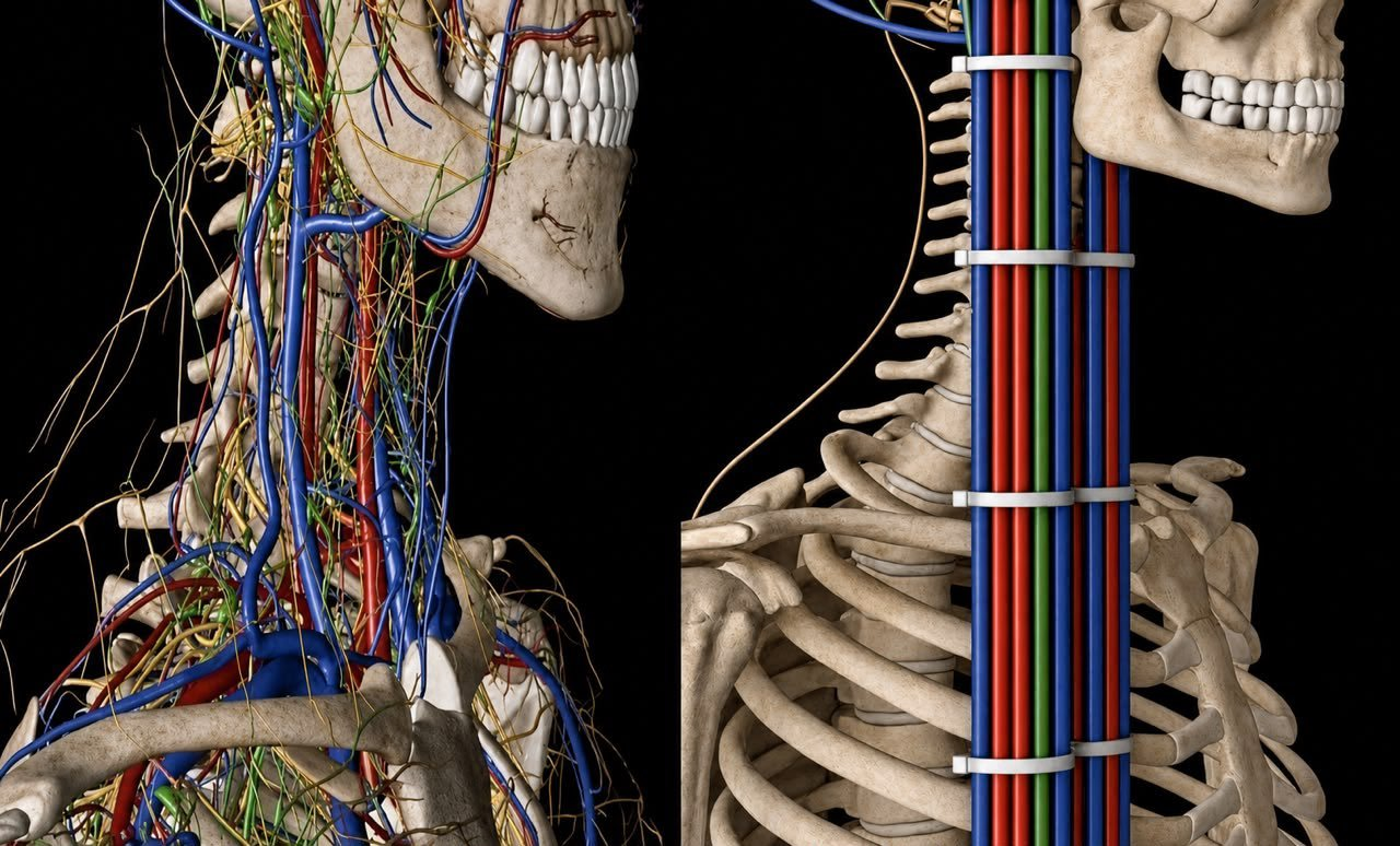 Photo with two images. The left panel is a human skeleton and neck with arteries and veins anatomically correct. The right panel is the same with arteries and veins and nerves laid out like a nice straight cable bundle with Zip Ties.